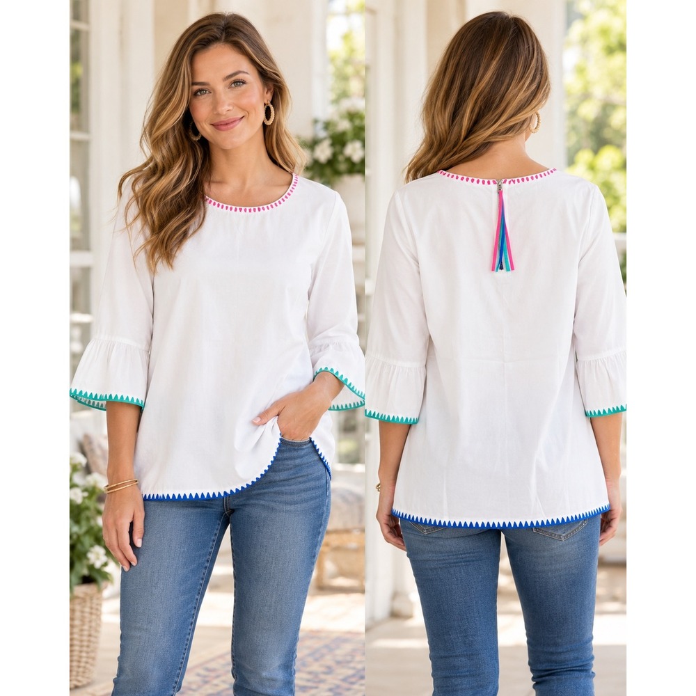Talbots Womens White Embroidered Bell Sleeve Blouse Top Sz M Multi Color Trim